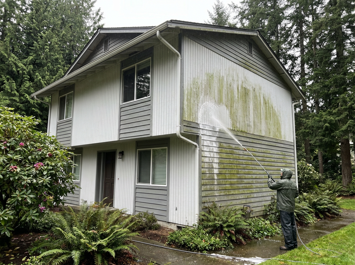 Soft wash house washing removing mold, algae and grime from home siding
